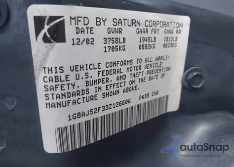 2003 Saturn Ion 2 из США, поврежденный, VIN 1G8AJ52F33Z126606